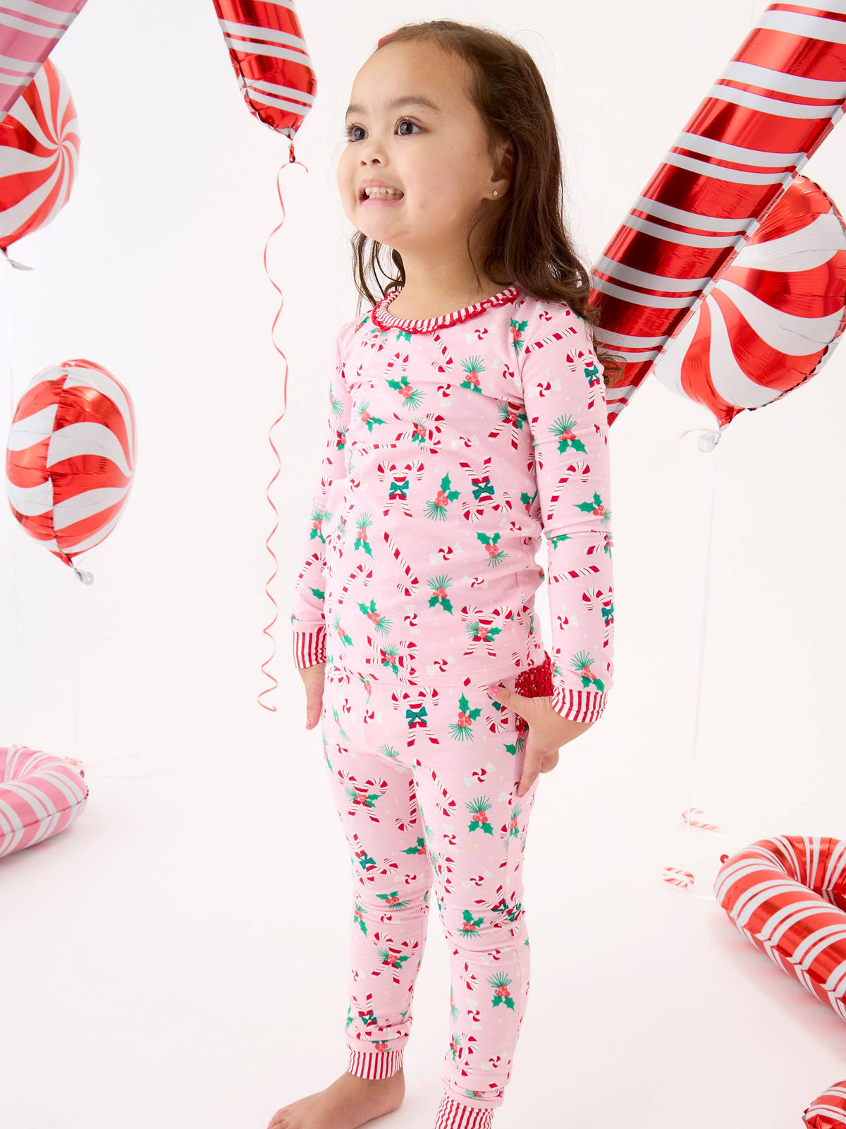 SoftSnooze™ Toddler Girls Cotton Modal Holly Candy Canes Christmas Ruffle Long Sleeve Pajama Set with Signature Rear Ruffles
