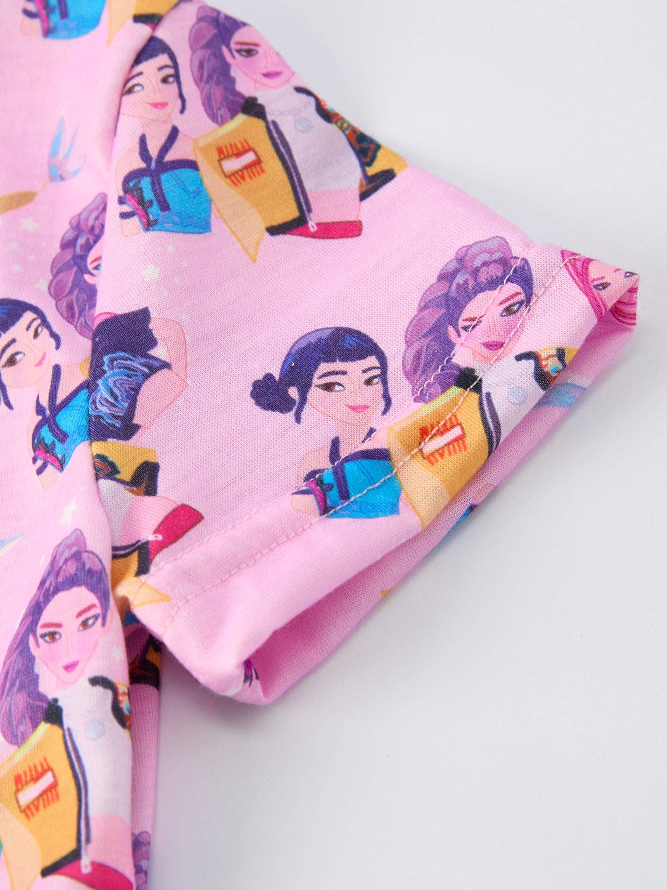 Pink Characters Print Short Sleeve Girls Dress