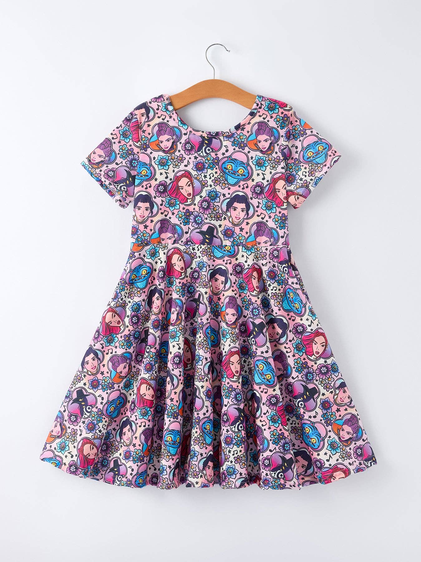 Purple Characters Print Short Sleeve Girls Dress