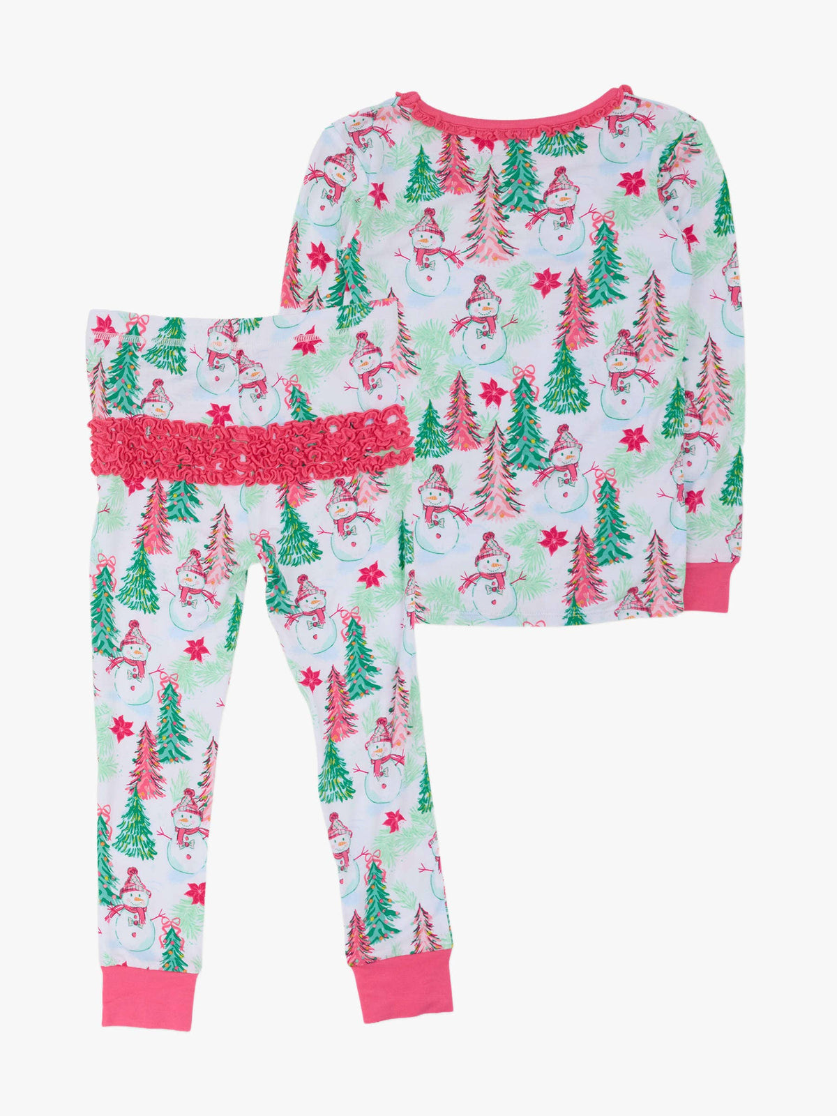 SoftSnooze™ Toddler Girls Bamboo Viscose Pink Snowman Grove Ruffle Long Sleeve Pajama Set with Signature Rear Ruffles