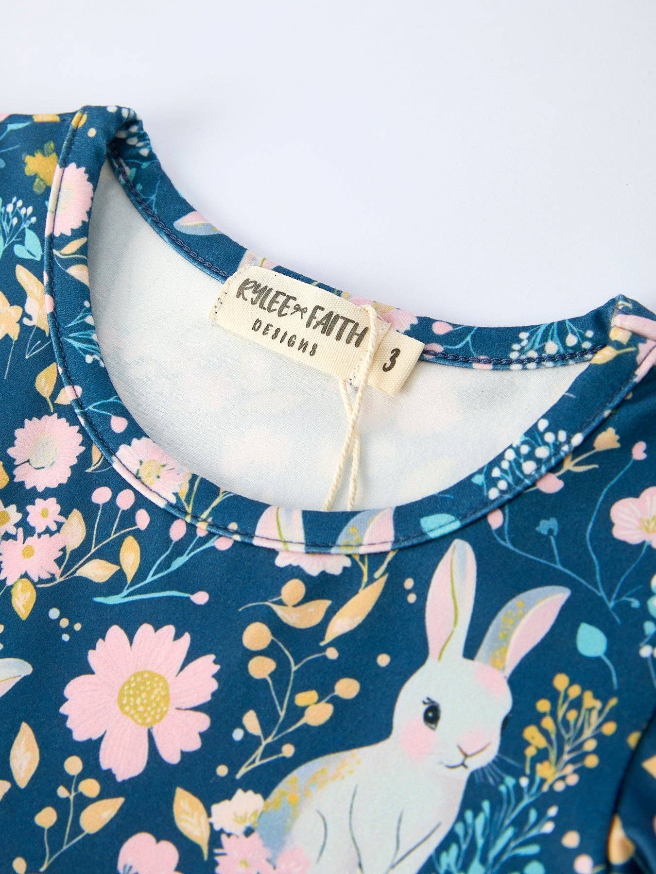 Teal Bunny Garden Ruffle Sleeve Girls Dress