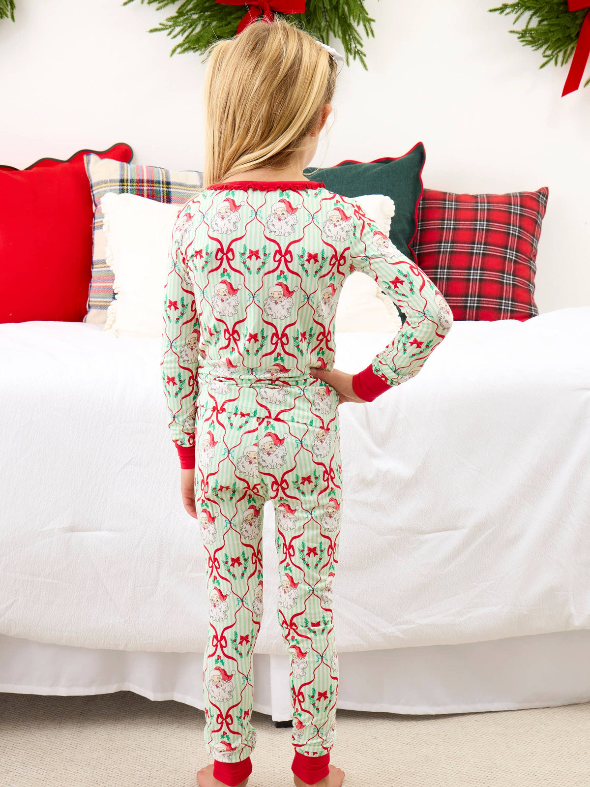 SoftSnooze™ Girls Bamboo Viscose Dear Santa Green Stripe Christmas Ruffle Long Sleeve Pajama Set