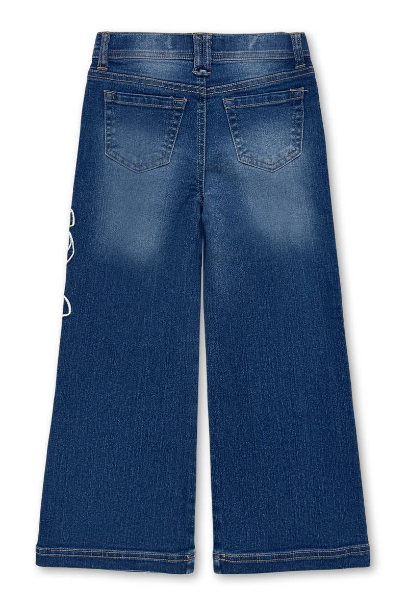 Girl's Wide Leg Denim Jean w/ Bow Embroidery