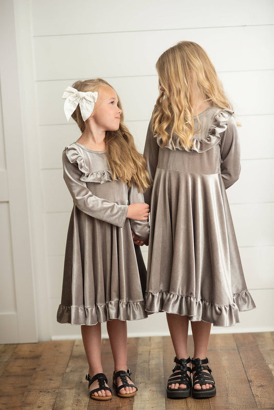 Gray Silver Velvet Ruffle Fancy Christmas Party Dress