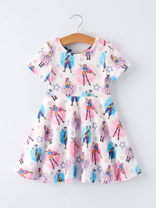 (ETA 3/12/26) Summer Pop Star Print Girl Twirly Short Sleeves Dress