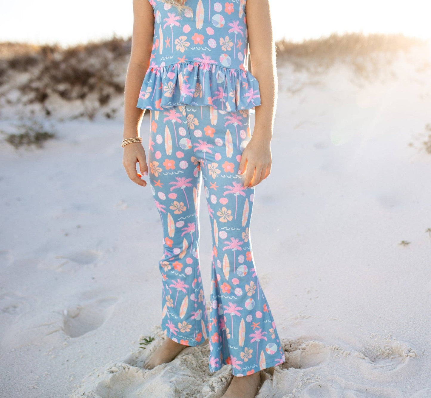 Dusty Blue & Pink Summer Surf Print Flare Pant Set