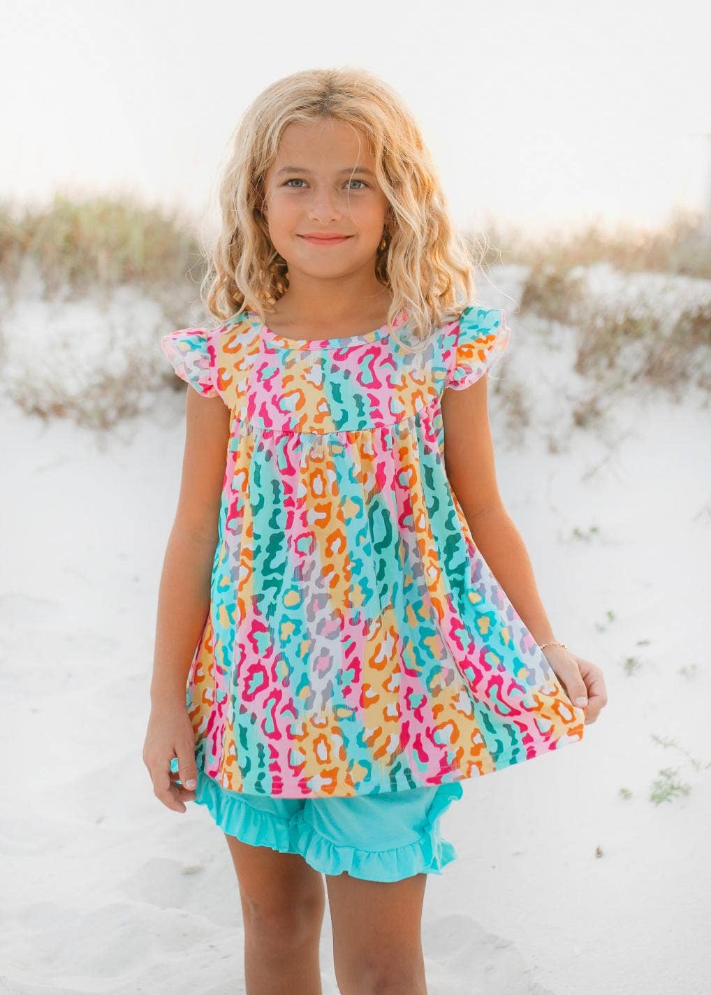 Bright Rainbow Leopard Ruffle Spring Summer Short Set