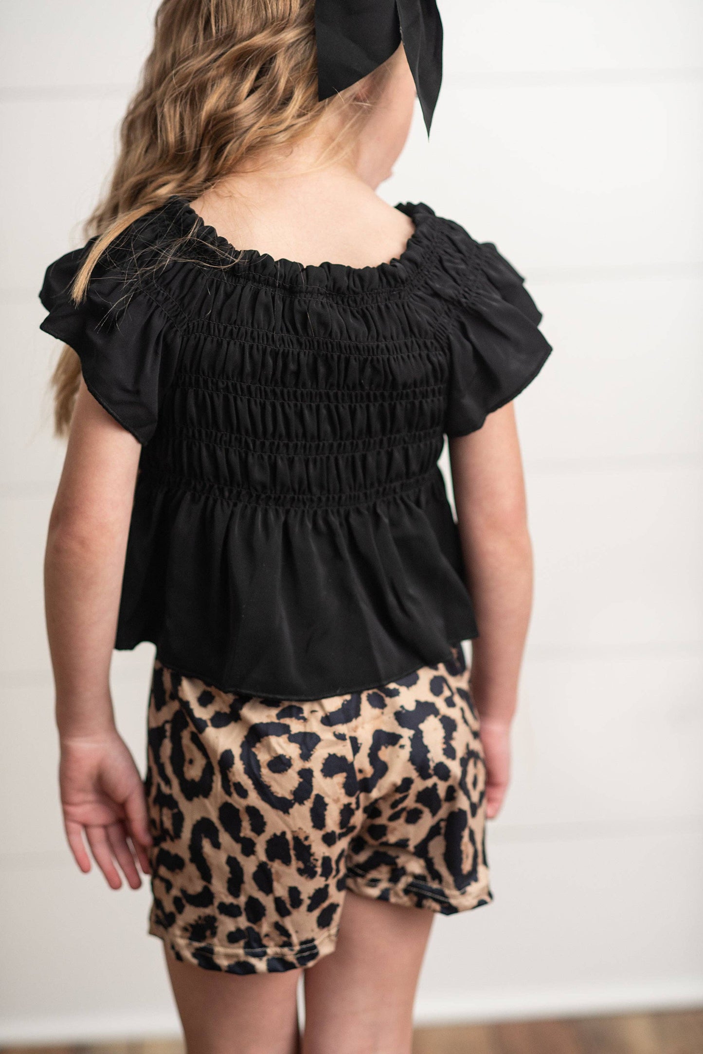 Black Shirred Top & Leopard Print Bow Spring Short Set