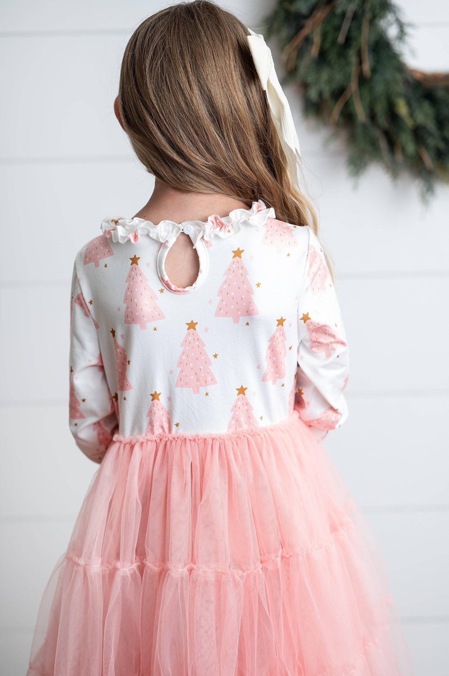 Kids Pink Christmas Tree Tulle Ruffle Holiday Dress