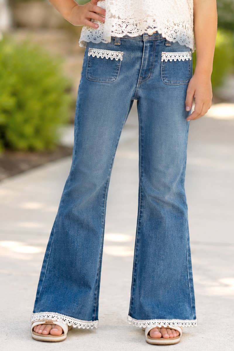 Girl's Flare Leg Denim Jean w/ Crochet Trim