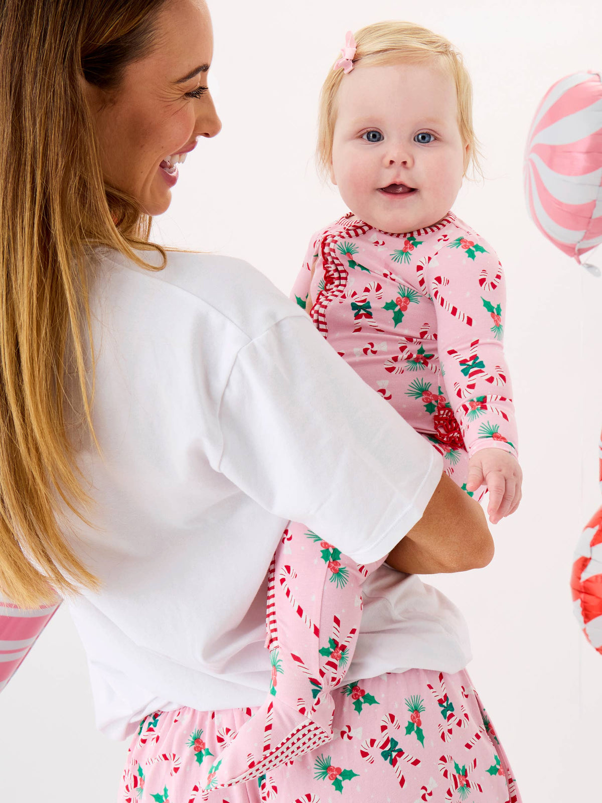 SoftSnooze™ Baby Girls Cotton Modal Holly Candy Canes Christmas Footed Ruffle One Piece Pajama