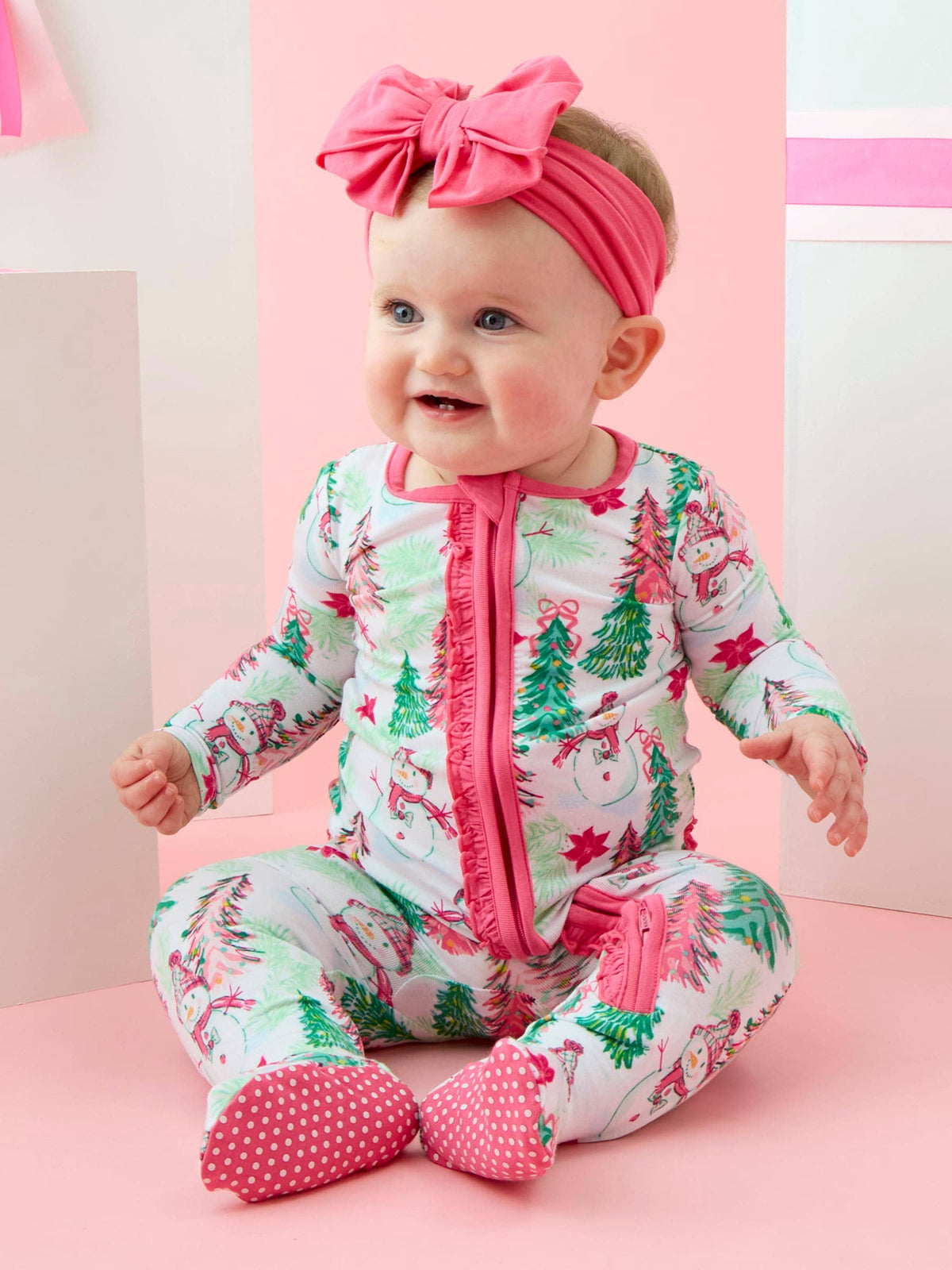 SoftSnooze™ Baby Girls Bamboo Viscose Pink Snowman Grove Footed Ruffle One Piece Pajama