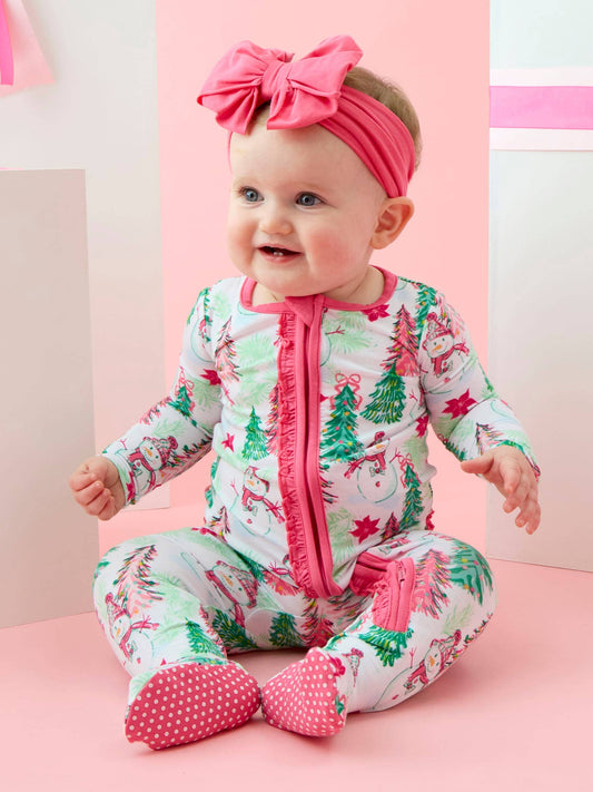 SoftSnooze™ Baby Girls Bamboo Viscose Pink Snowman Grove Footed Ruffle One Piece Pajama