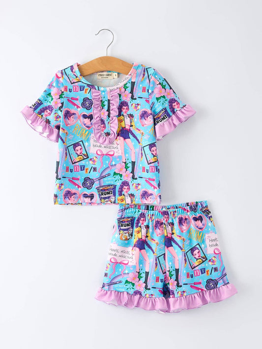 (ETA 3/12/26) Blue Girl Print Top And Ruffle Shorts Set