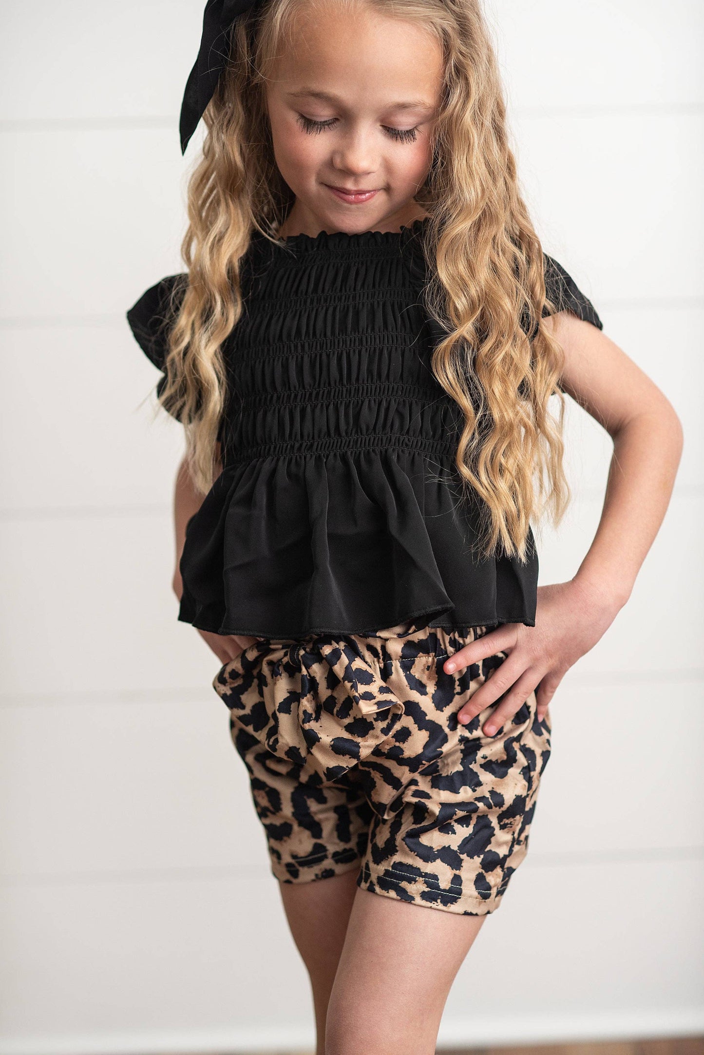Black Shirred Top & Leopard Print Bow Spring Short Set