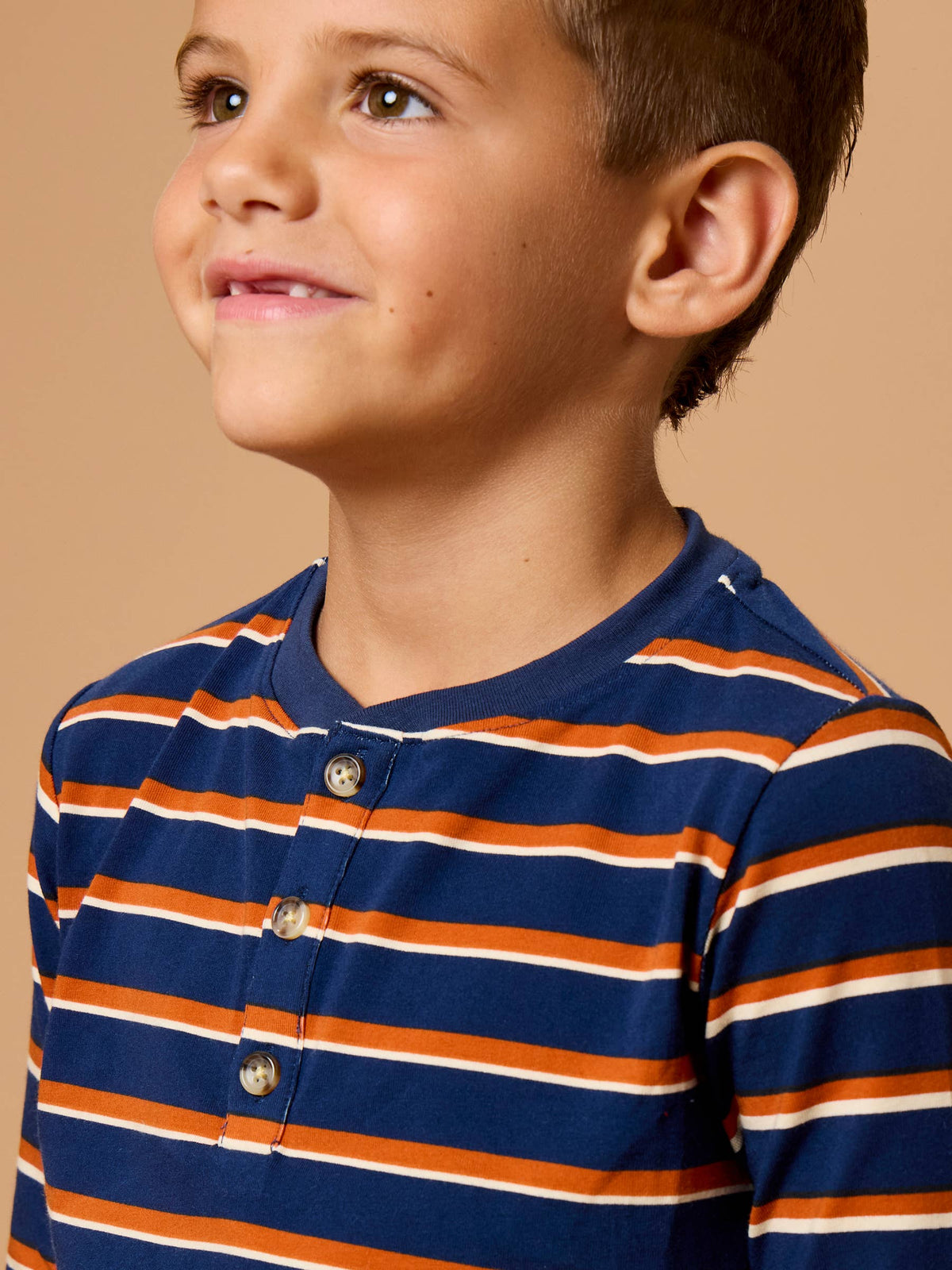 Boys Dark Navy & Rust Stripe Knit Long Sleeve Henley Tee
