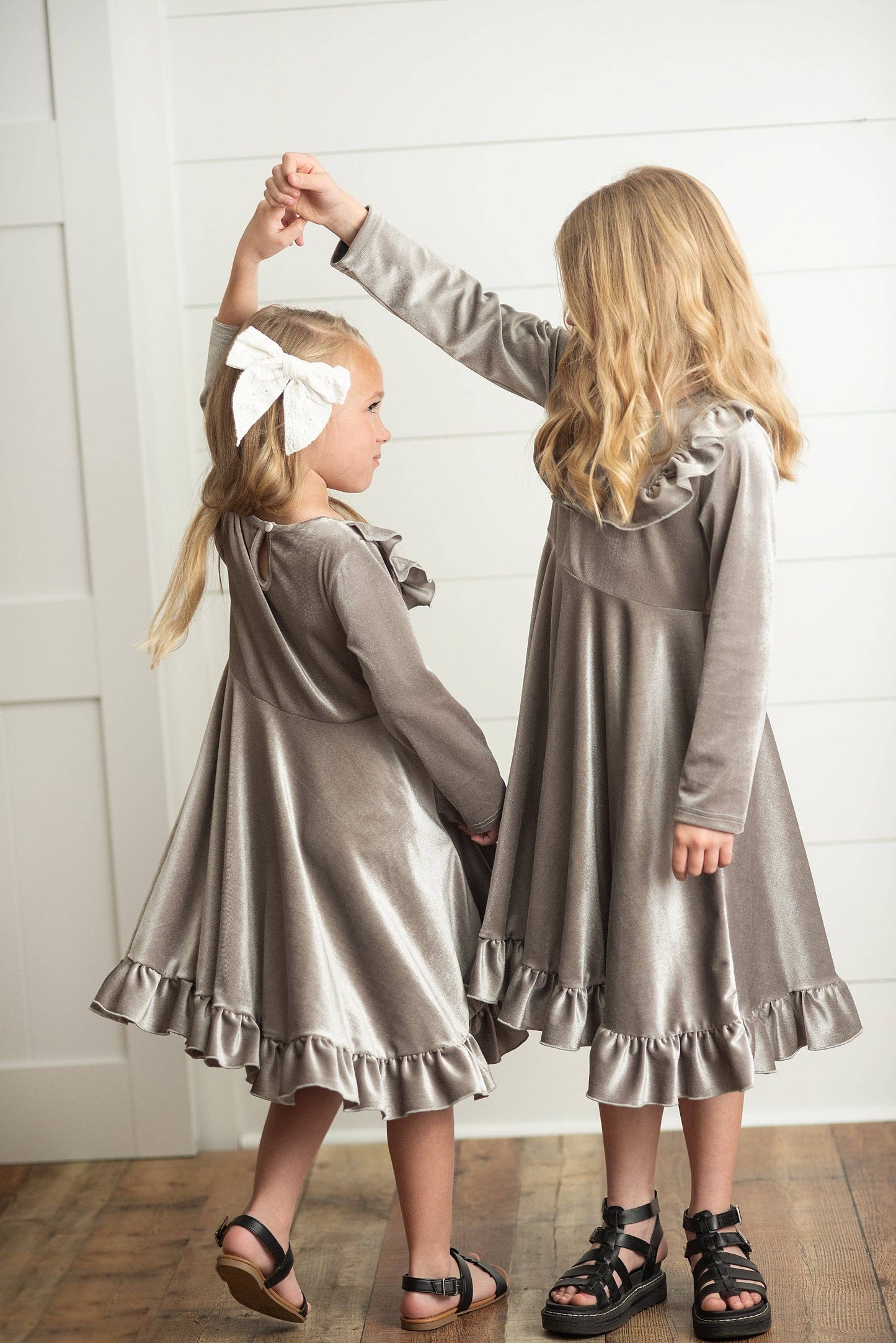 Gray Silver Velvet Ruffle Fancy Christmas Party Dress