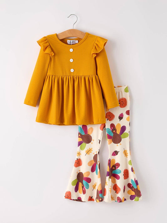 Thanksgiving Pumpkin Turkey Print Girls Long Sleeve Set