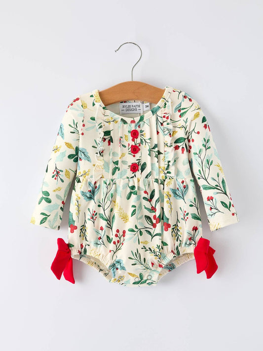Baby Girls Christmas Romper – Holiday Bow Long Sleeve Outfit