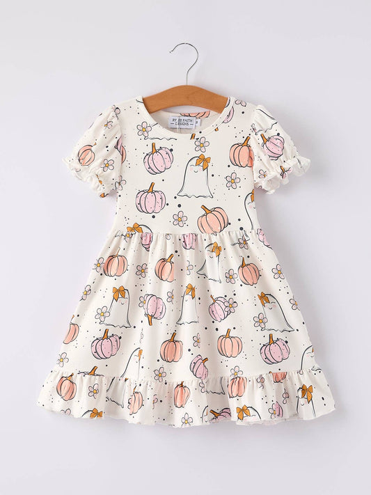 Pumpkin Ghost Print Cute Girls Dress