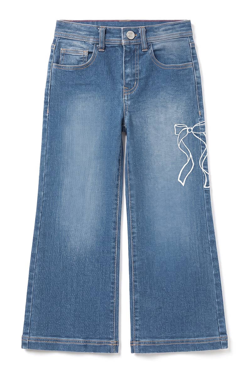 Girl's Wide Leg Denim Jean w/ Bow Embroidery