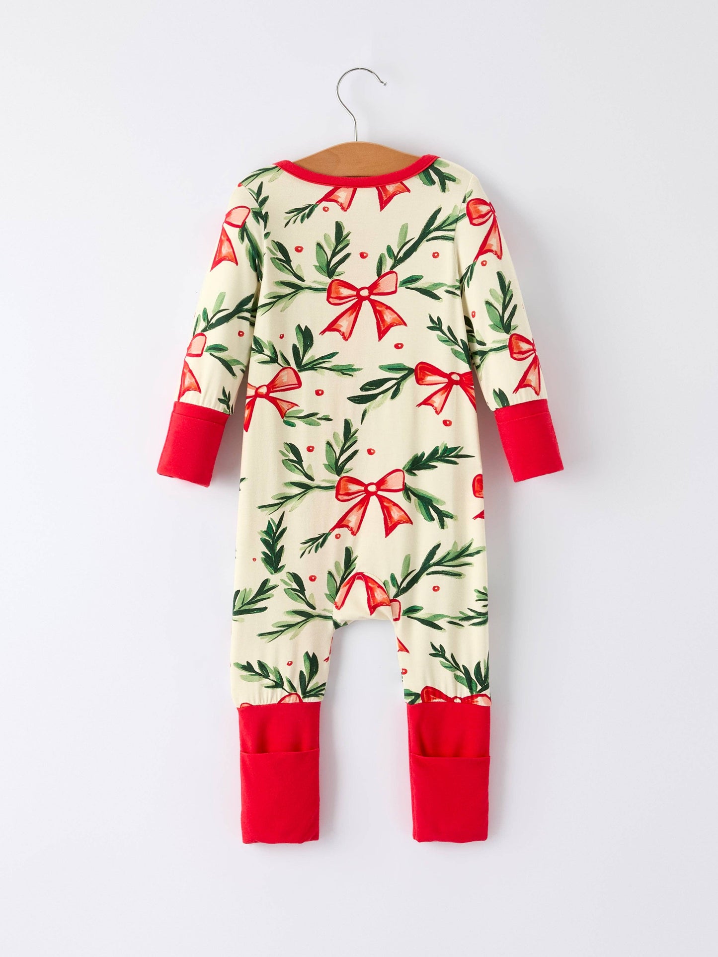 Christmas Bow and Holly Print Pajama Girls Romper
