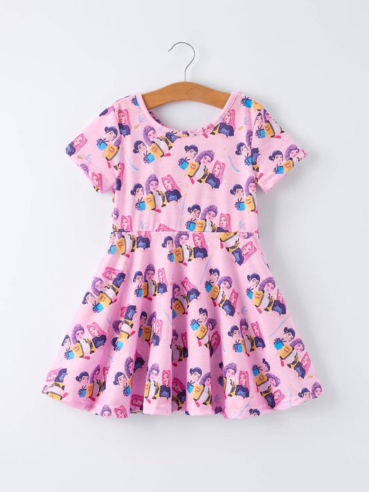 PRE-ORDER (PLEASE NOTE: NOT AVAILABLE UNTIL LATE JANUARY) Pink Characters Print Short Sleeve Girls Dress