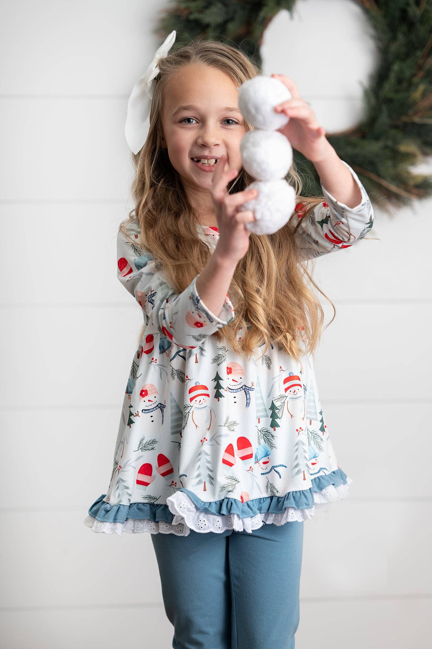 Snowman Lace Ruffle Pocket Winter Holiday Pant Set