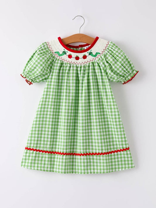 Back To School Girls Green Plaid Smocking Dress