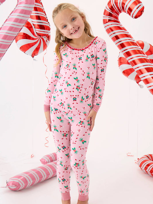 SoftSnooze™ Girls Cotton Modal Holly Candy Canes Christmas Ruffle Long Sleeve Pajama Set