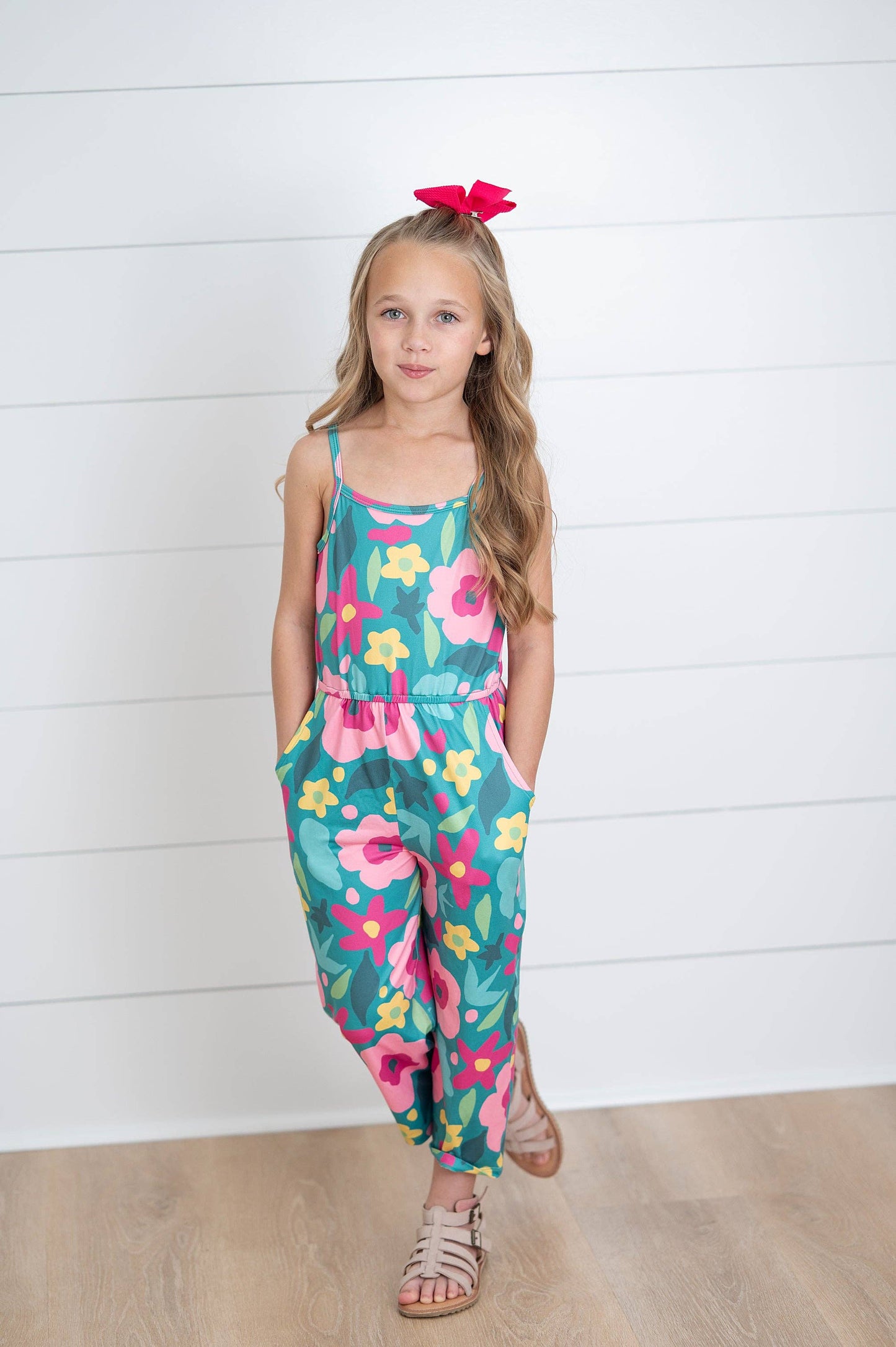 Millie Bright Pink Green Floral Jumpsuit With Pockets