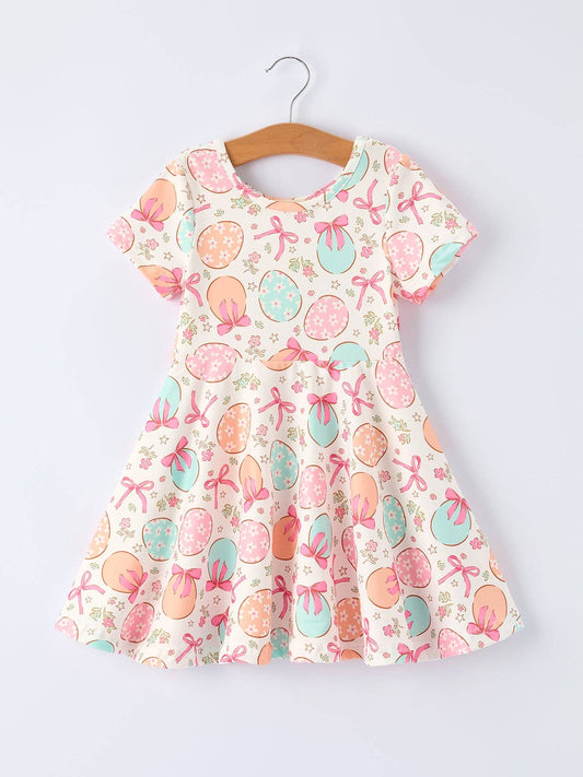 Easter Egg Bow Print Girls Short Sleeve Dress
