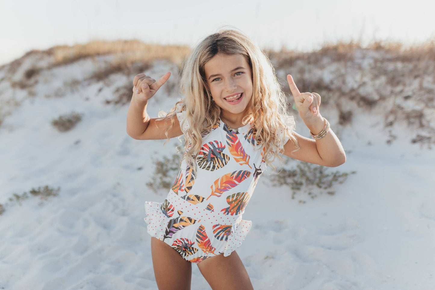 Kids Tropical Leaf Open Back One Piece Ruffle Swimsuit