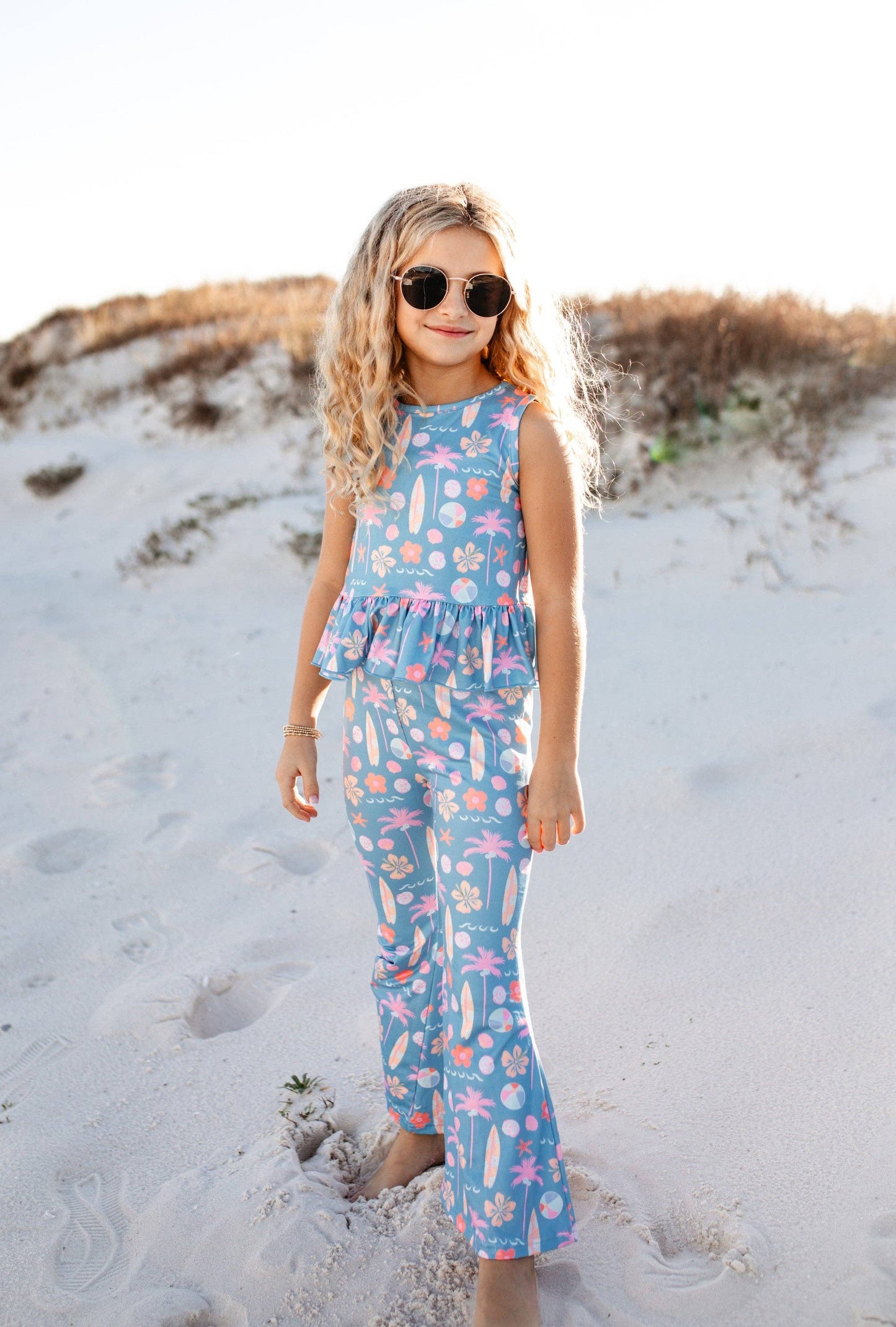 Dusty Blue & Pink Summer Surf Print Flare Pant Set