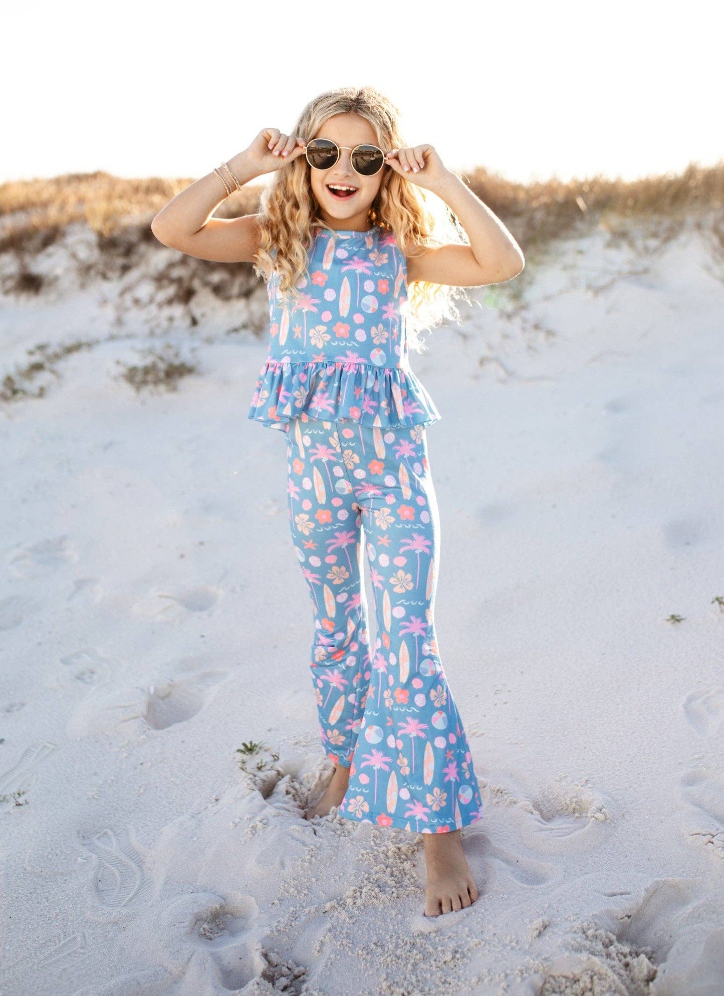 Dusty Blue & Pink Summer Surf Print Flare Pant Set