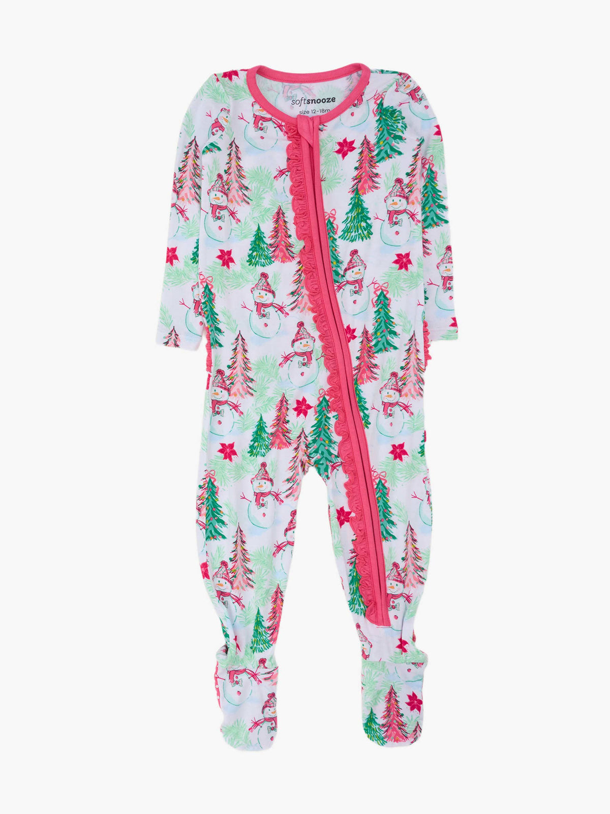 SoftSnooze™ Baby Girls Bamboo Viscose Pink Snowman Grove Footed Ruffle One Piece Pajama