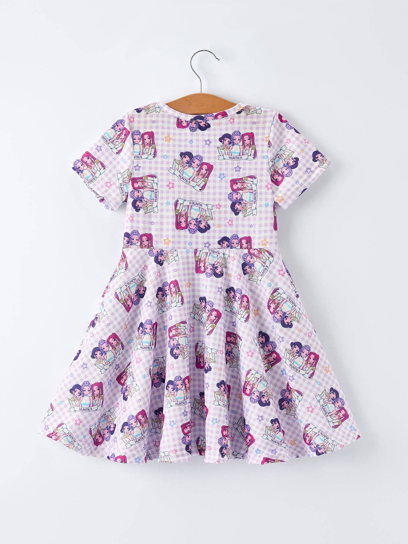 Purple Plaid Characters Print Short Sleeve Girls Dress