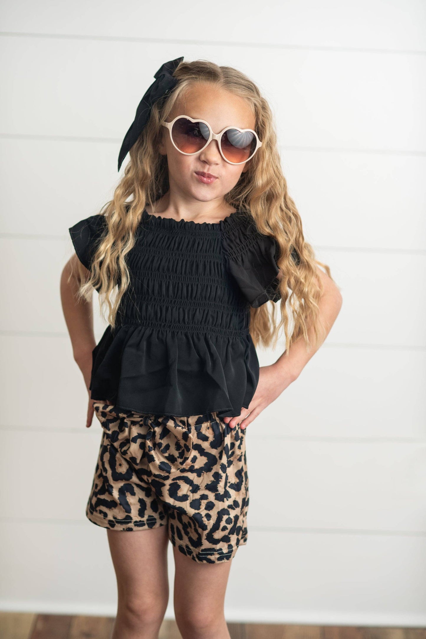 Black Shirred Top & Leopard Print Bow Spring Short Set