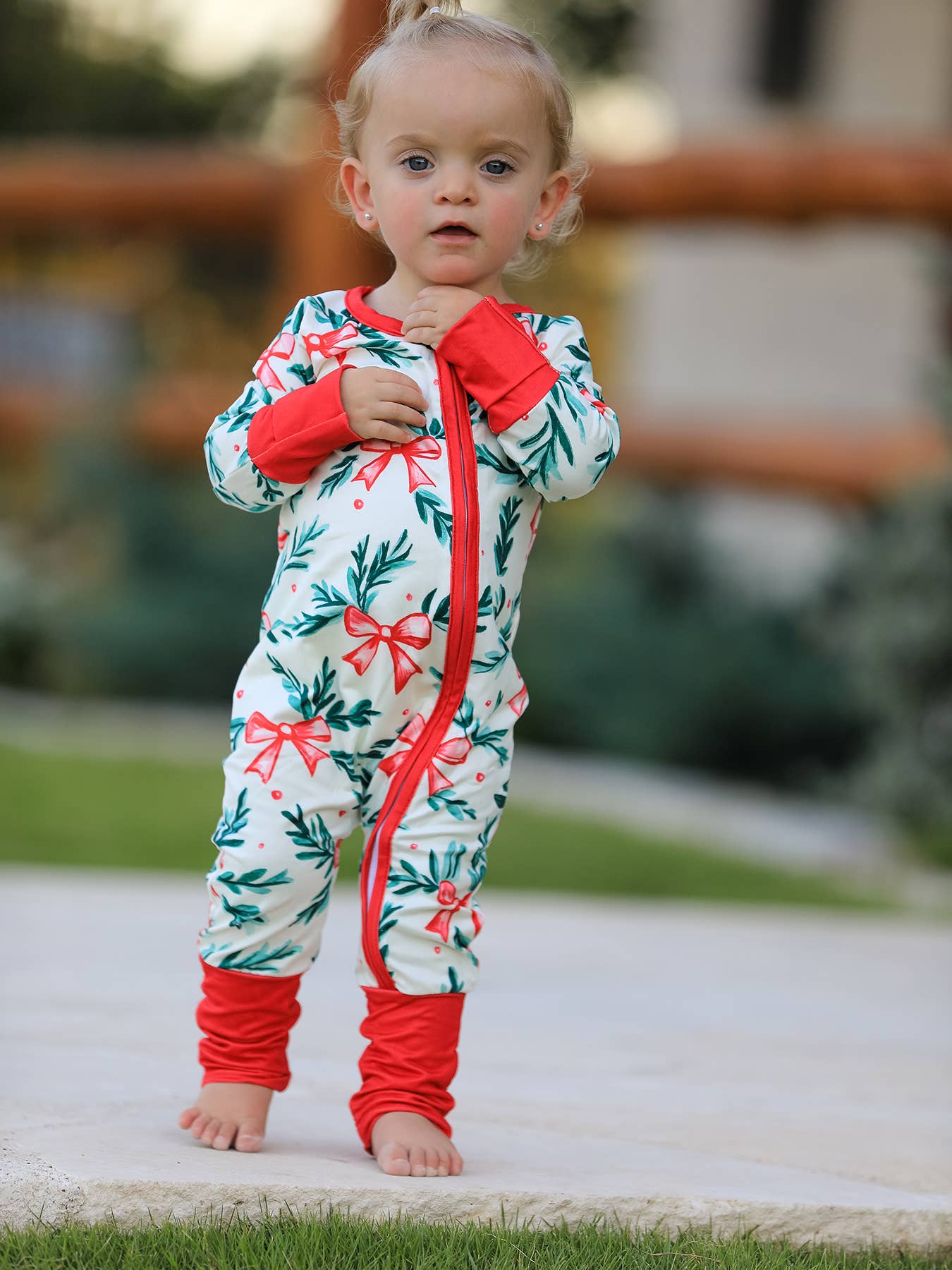 Christmas Bow and Holly Print Pajama Girls Romper