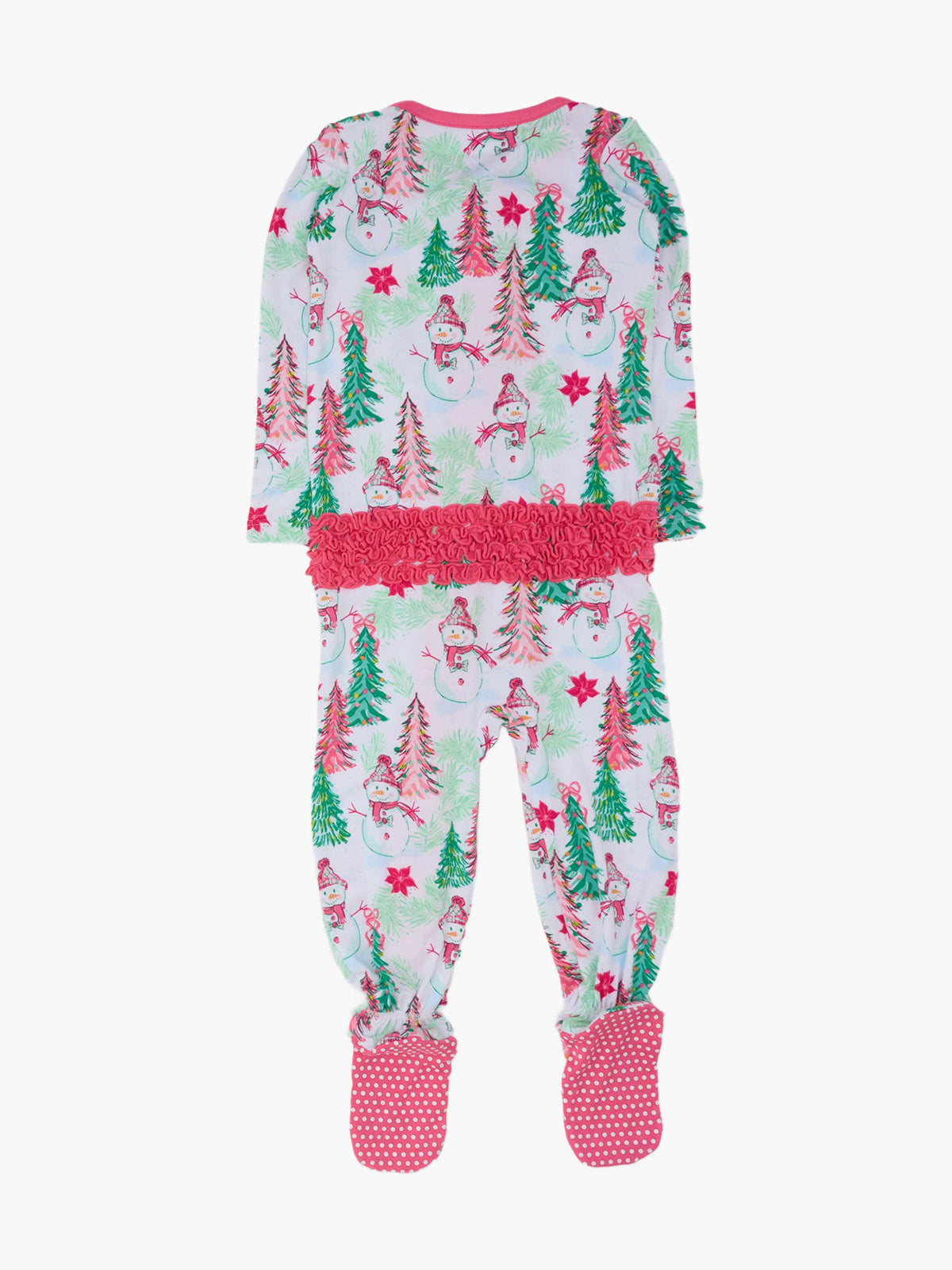 SoftSnooze™ Baby Girls Bamboo Viscose Pink Snowman Grove Footed Ruffle One Piece Pajama