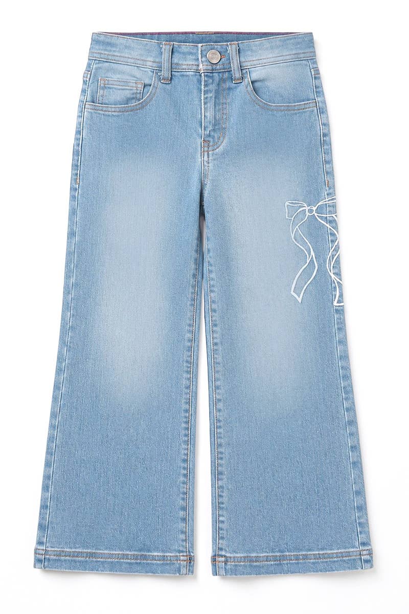 Girl's Wide Leg Denim Jean w/ Bow Embroidery