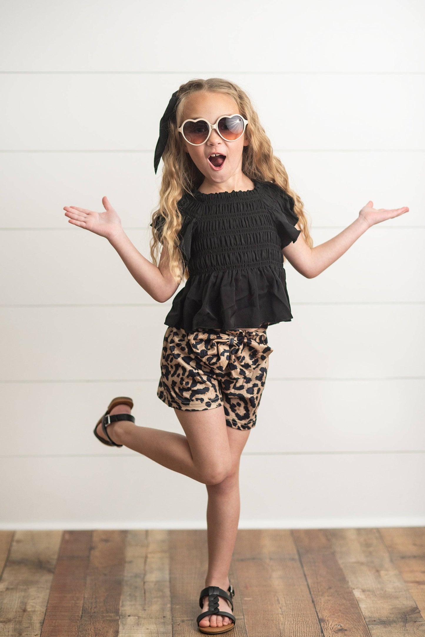 Black Shirred Top & Leopard Print Bow Spring Short Set