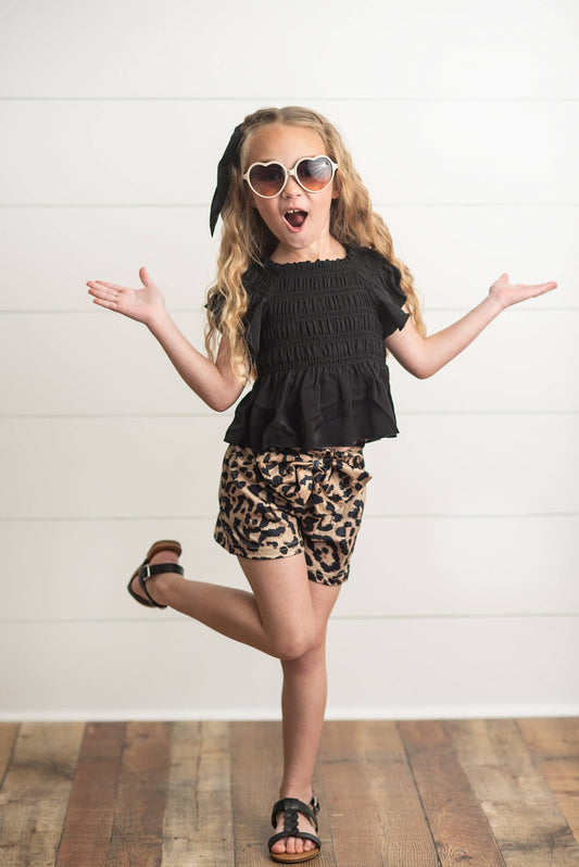 Black Shirred Top & Leopard Print Bow Spring Short Set