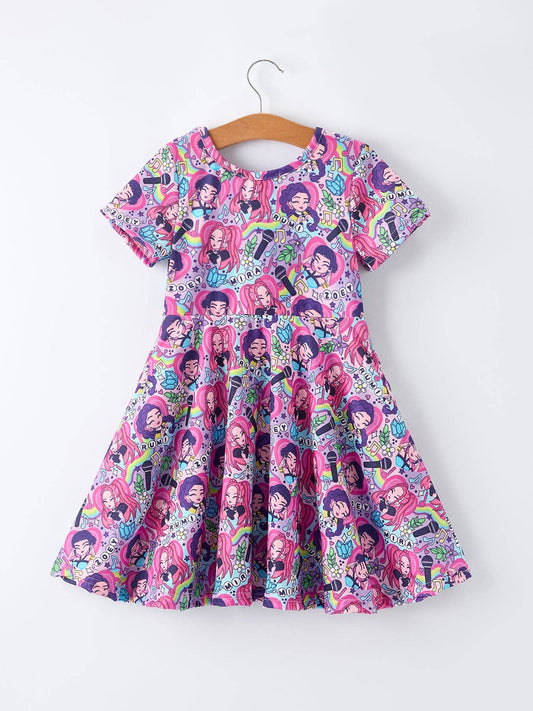 PRE-ORDER (PLEASE NOTE: NOT AVAILABLE UNTIL LATE JANUARY) Purple Characters Music Print Short Sleeve Girls Dress