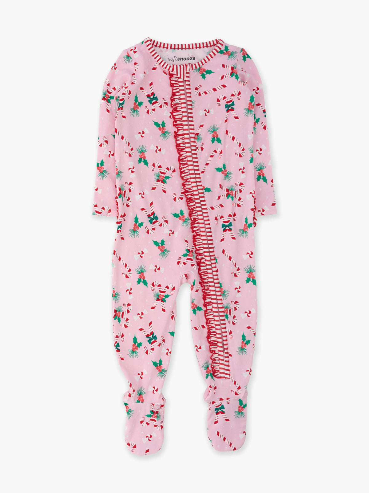 SoftSnooze™ Baby Girls Cotton Modal Holly Candy Canes Christmas Footed Ruffle One Piece Pajama