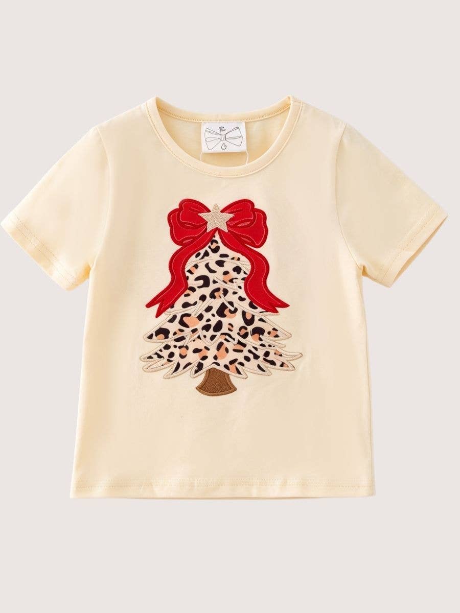Christmas Applique Tree Leopard Print Girls Shirt