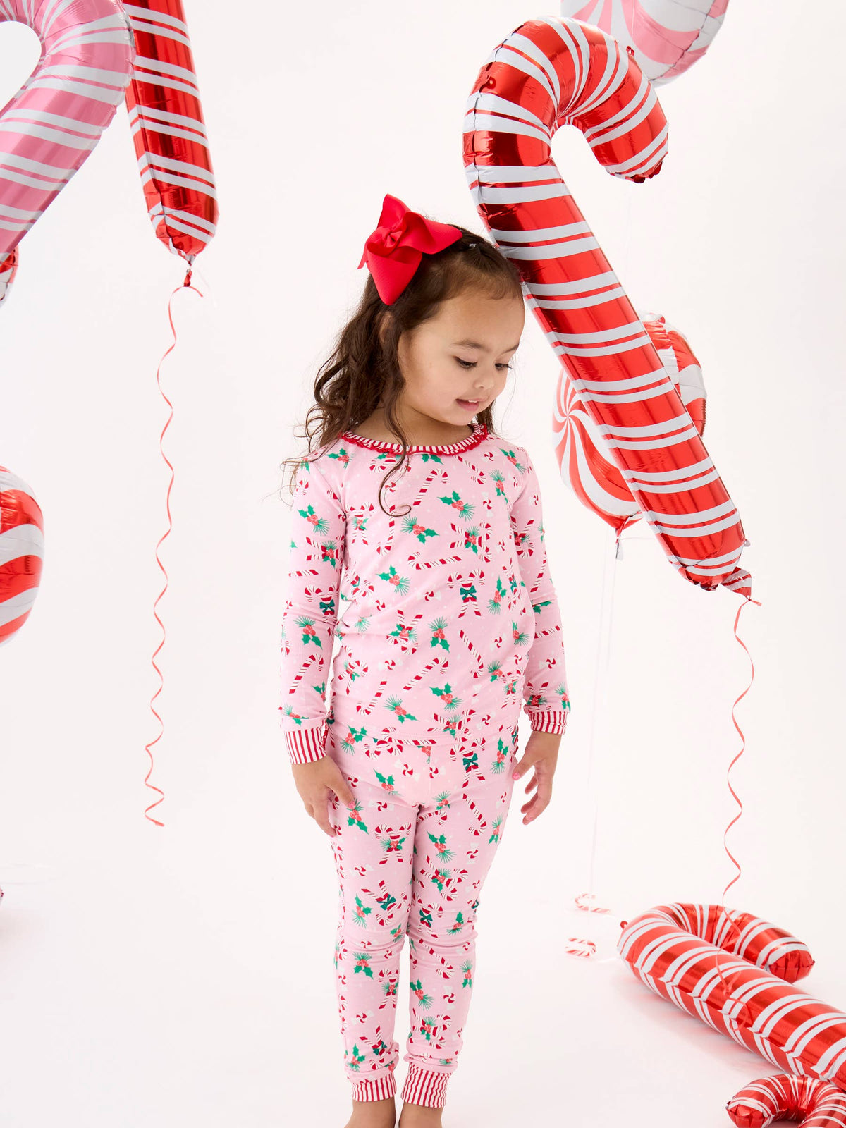 SoftSnooze™ Toddler Girls Cotton Modal Holly Candy Canes Christmas Ruffle Long Sleeve Pajama Set with Signature Rear Ruffles