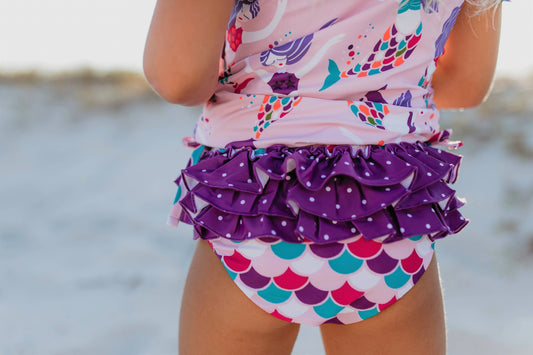 Kids Purple Mermaid Rash Guard Ruffle Bottom Swimsuit