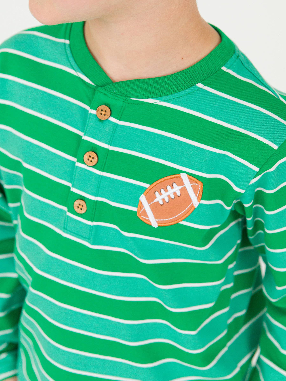 Boys Varsity Football Green Stripe Knit Long Sleeve Embroidered Henley Tee