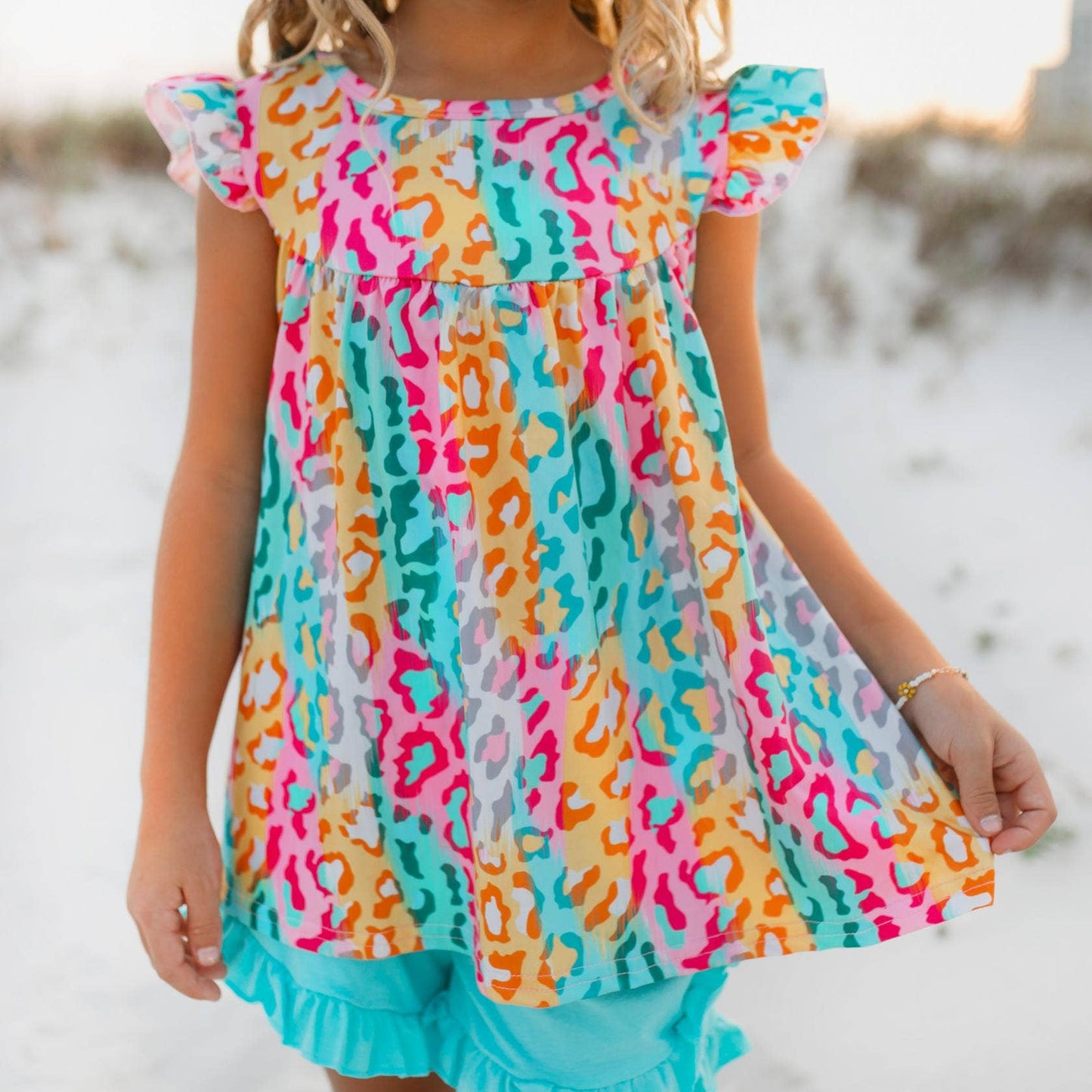 Bright Rainbow Leopard Ruffle Spring Summer Short Set